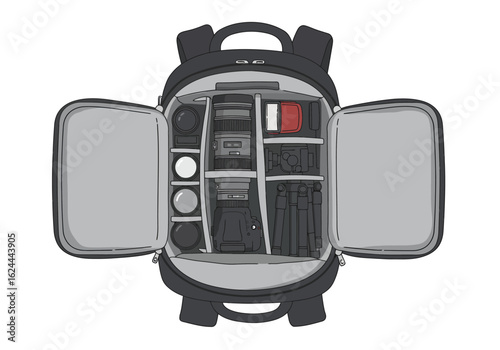 Open backpack reveals photographic gear lenses camera tripod and accessories neatly arranged inside