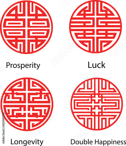 Set of four traditional Chinese circular symbols representing prosperity, luck, longevity, and double happiness. These minimalist red designs are commonly used in Chinese culture for decorations durin