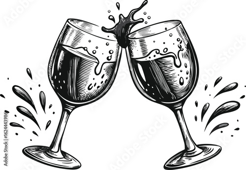 Two elegant wine glasses clinking together in a celebratory toast with splashing liquid and a vintage sketch style