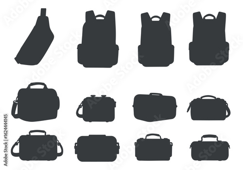 Silhouetted bags in various styles backpacks shoulder bags and camera bags are shown