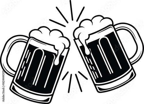 Two frothy beer mugs clinking together in a celebratory toast with radiating lines