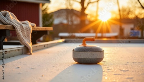 Curling stone resting on ice rink during sunset with warm colors  