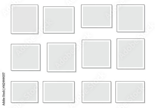 Twelve framed grey rectanglessquares are arranged in a 3x4 grid against a white background casting shadows