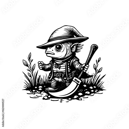 Whimsical monochrome illustration featuring a fish-headed character in a wizard outfit amidst vegetation, holding a sword