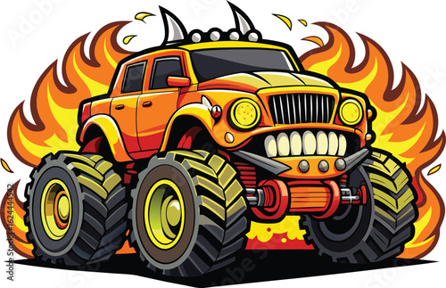 Aggressive orange monster truck with a fierce grin and flames roaring behind it