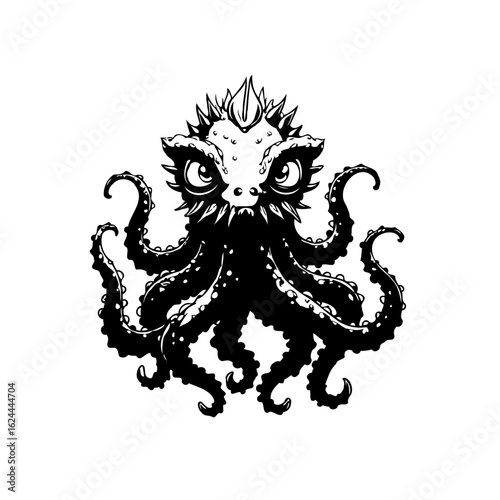 Cute adorable friendly sea ocean monster octopus creature cartoon character in black and white illustration with unique features