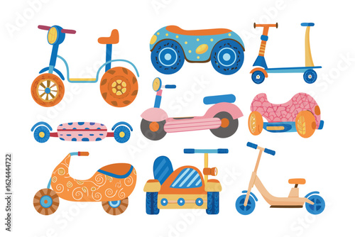 Scooter Collection: A vibrant collection of unique and stylish scooters, showcasing a range of designs, perfect for transportation and leisure, capturing the essence of fun and innovation.