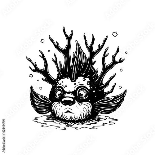 Whimsical fantasy creature with expressive eyes and antler like features in detailed monochrome artwork creating a unique visual story
