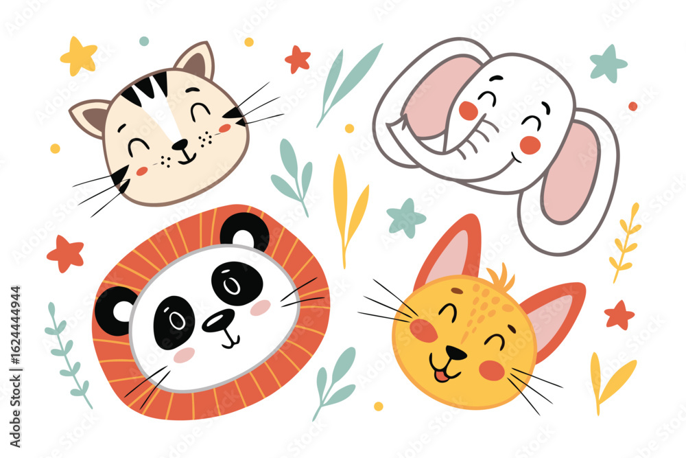 Obraz premium Playful Wildlife Cartoon Illustration: A delightful cartoon illustration showcases a collection of charming animal faces, each exuding warmth and cuteness.