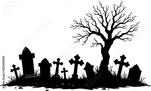 Spooky Graveyard Silhouette with Bare Tree" vector