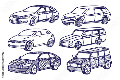 Automotive Line Art: A collection of six meticulously sketched automobiles, each uniquely designed to represent the diversity of vehicular options.