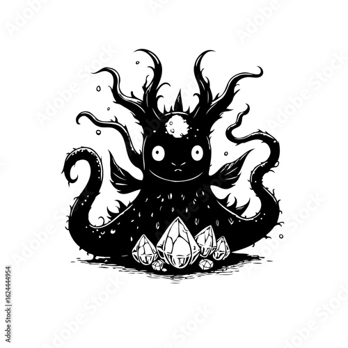 Mystical octopus like character guarding precious gems with a captivating blend of sea, fantasy
