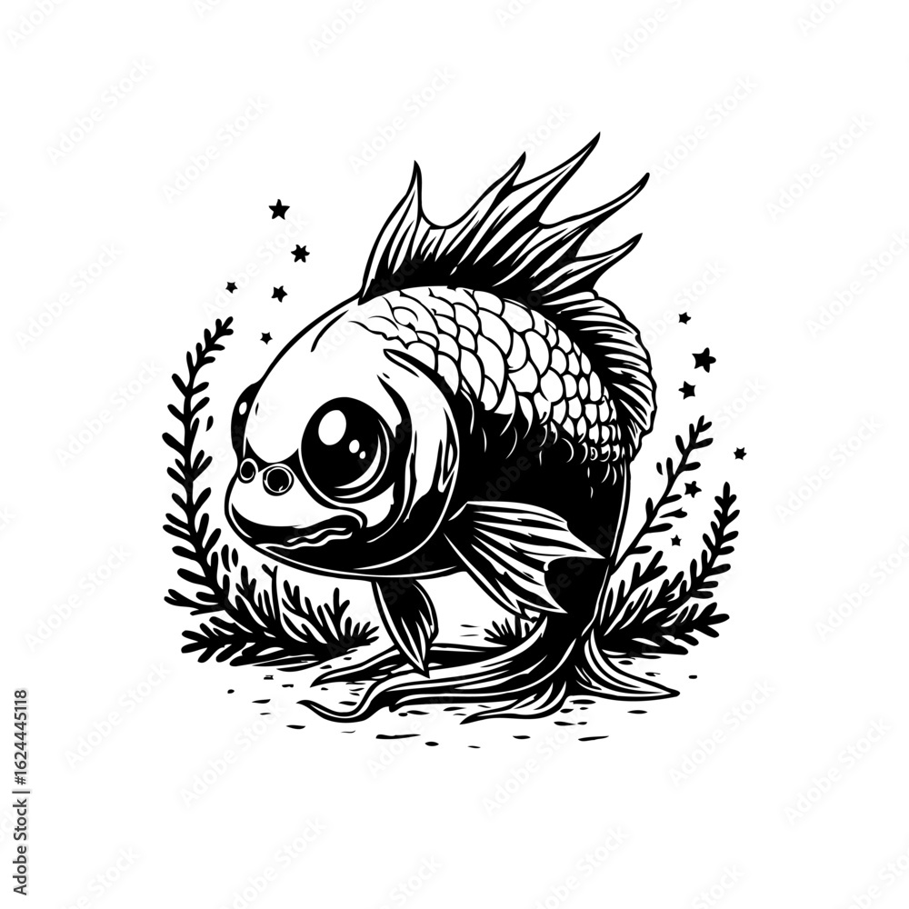 Fototapeta premium A meticulously crafted black and white illustration of a whimsical goldfish surrounded by aquatic plants and stars