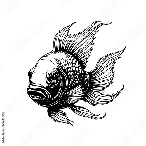 Detailed monochrome illustration of a fish showcasing its distinctive fins and scaly body pattern beautifully crafted