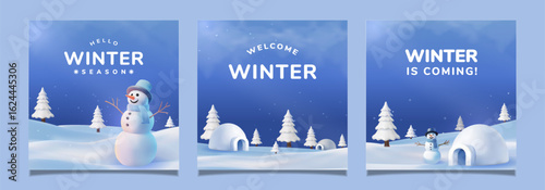 Set Winter Wonderland with Snowman, Trees, and Igloos Under a Starry Sky