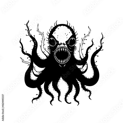 A striking black and white illustration showcases a menacing deep sea creature octopus monster with detailed tentacles and sharp teeth