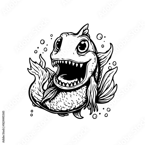 Cartoonish fish illustration with exaggerated features showcasing a wide, toothy grin on a white background drawing