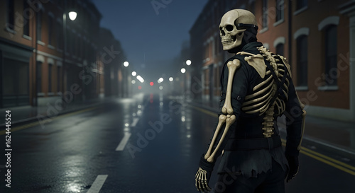 Eerie Encounter: Skeleton Figure Strolling Through Rain-Slicked City Street at Night