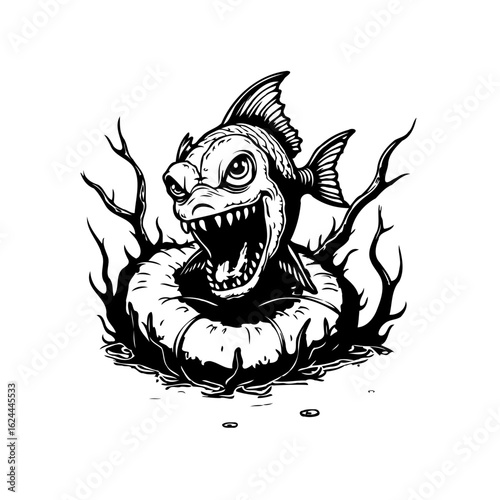 Cartoonish angry fish character within a floatation device is showcased with dark lines and shading isolated