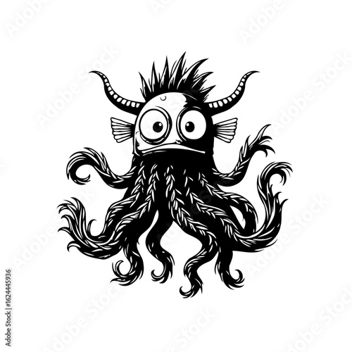 Humorous monochrome illustration showcasing a quirky and unique cartoon monster with tentacles and horns art