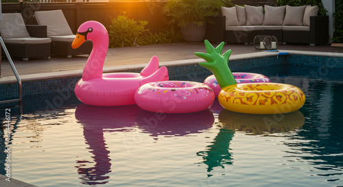 夕暮れのプールに浮かぶカラフルな浮き輪