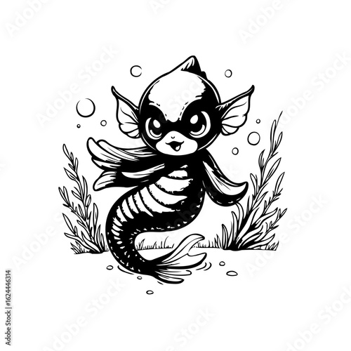 Cute little mystical cartoon creature with fish tail swimming underwater with seaweed around it in monochrome
