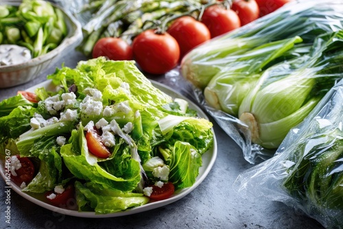 Fresh salad ingredients and a plate of salad