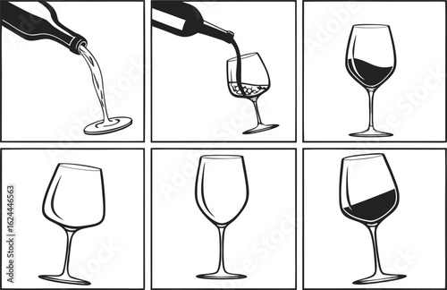 Six panel comic strip showing red wine being poured into a glass and the glass empty