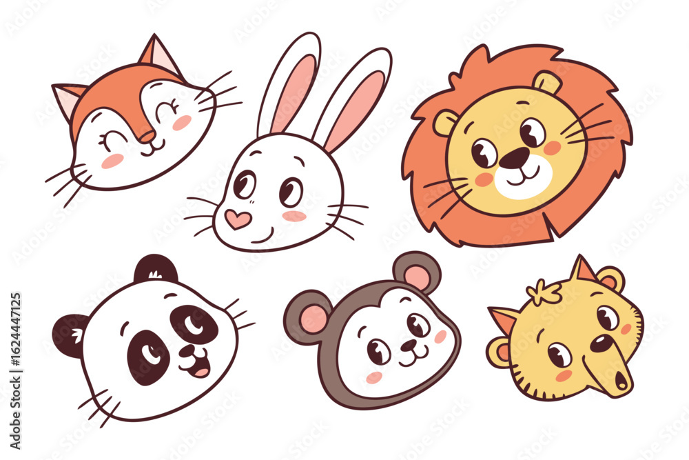 Obraz premium Animal Head Cartoon Collection: A delightful collection of adorable cartoon animal heads, featuring a fox, rabbit, lion, panda, monkey, and hedgehog.