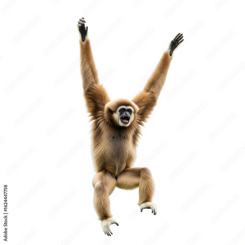 Fototapeta premium Gibbon swinging joyfully with arms raised, isolated on white background, cutout PNG 