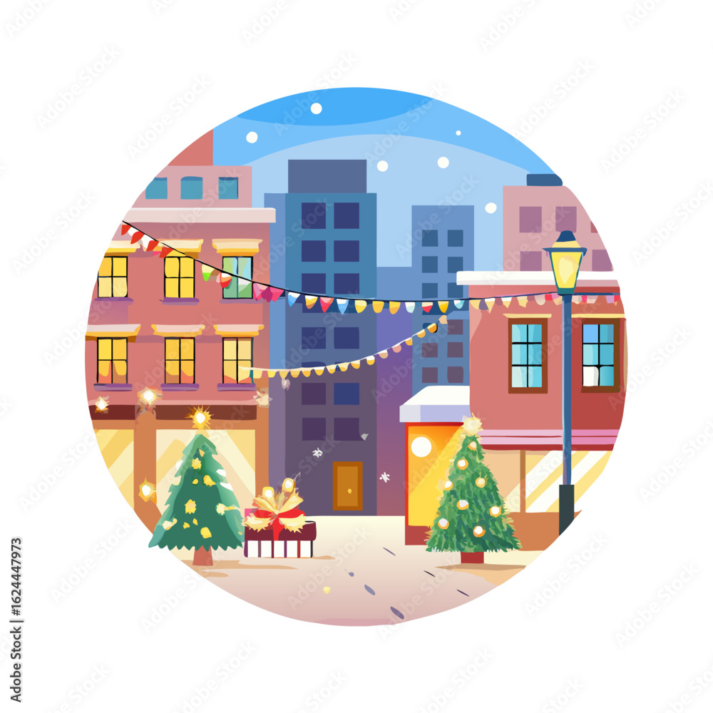 Naklejka premium Christmas city scene with decorated trees, flags, and snow on a winter day