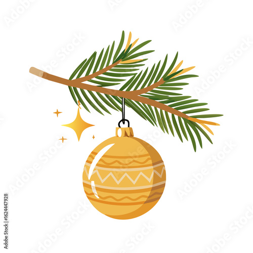 Golden christmas ornament hanging on a branch isolated on white background