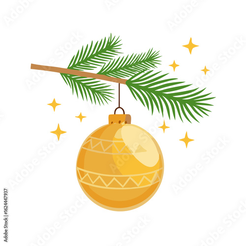 Golden christmas ornament hanging on a branch isolated on white background