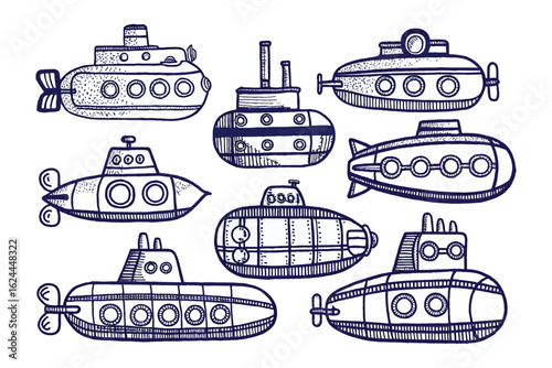 Submarine Collection: A captivating array of stylized submarines, illustrated with intricate line work, floats against a backdrop of endless depths.