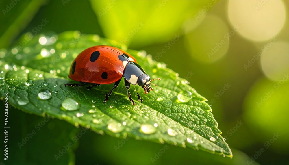Fototapeta premium A vibrant red ladybug with black spots rests on a fresh green leaf covered with sparkling water drops.