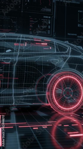 A rotating wireframe model of a digital concept car, enhanced with glowing contour lines and futuristic HUD elements, set against a sleek dark-tech background in loopable format.