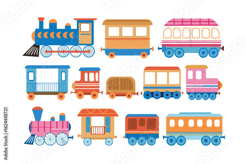 Train Set Illustration: Colorful illustration features a variety of train cars with distinct designs, representing travel and childhood joy. 