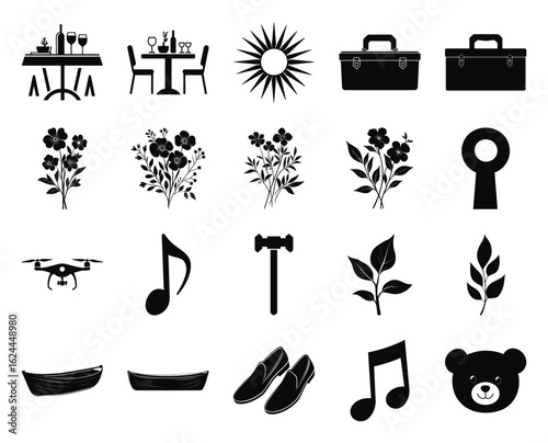 Black and white icon set featuring diverse objects on a clean background