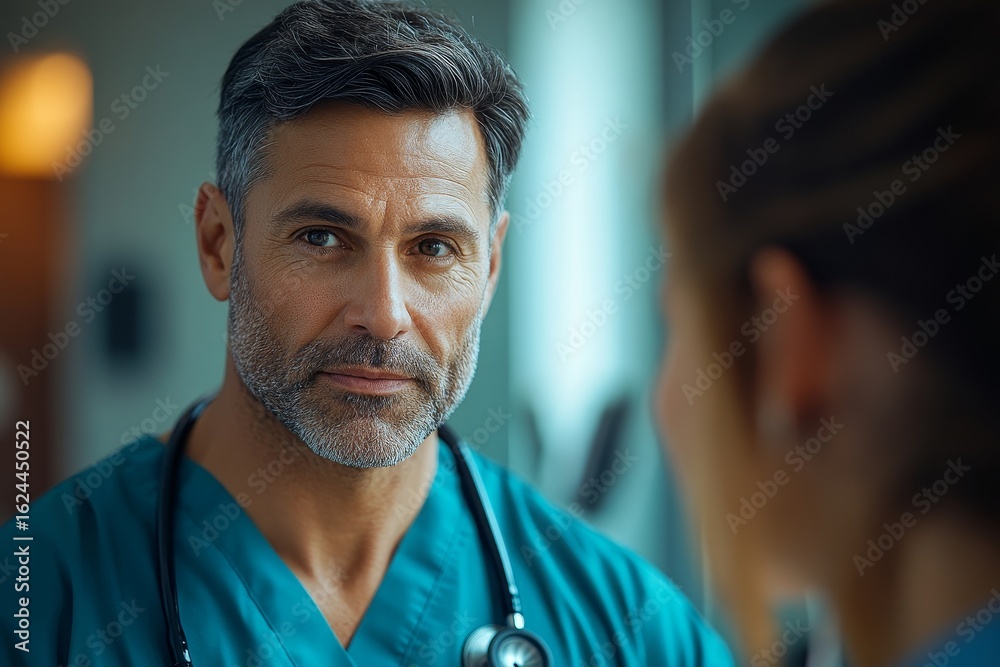 Portrait of a confident mature doctor in a hospital room, wearing medical scrubs and a stethoscope, discussing patient care with a nurse, reflecting professionalism and expertise, Generative AI Portrait of a confident mature doctor in a hospital room, wearing medical scrubs and a stethoscope, discussing patient care with a nurse, reflecting professionalism and expertise, Generative AI
