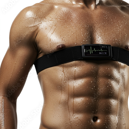 Athlete's Torso with Heart Rate Monitor Displaying BPM on White Background.