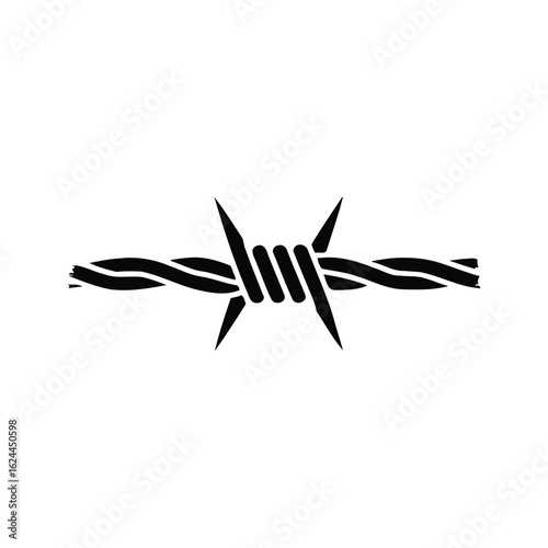 Isolated barbed wire with sharp spikes creates an imposing black silhouette on white