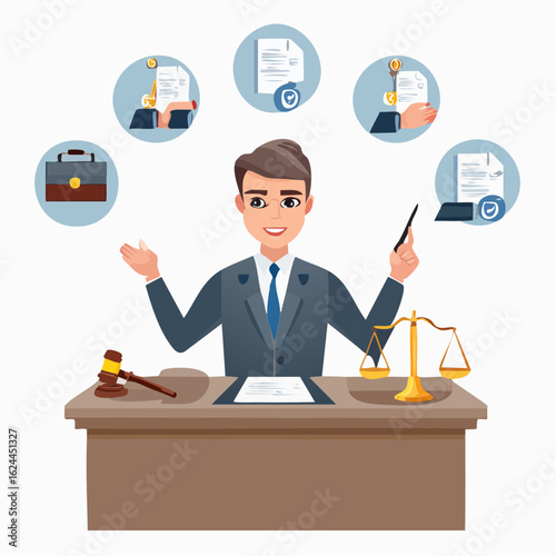Male attorney character providing legal consultation and services. Vector illustration with justice scales, gavel, and contract icons.