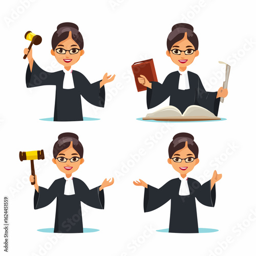 A vector character set of a senior female judge in various poses. An illustration of a woman in a judicial robe holding a gavel and a law book, representing law and justice.