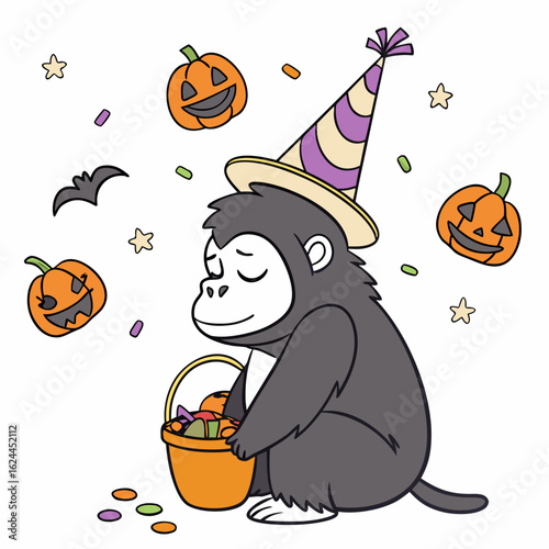 SVG art: A Dreamy Gorilla in a Halloween vibe with wearing a party hat, tinted with Spooky Fun tones