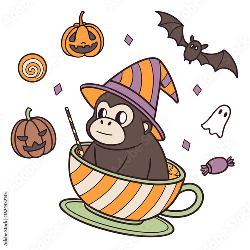 Cute Bashful Gorilla, accessorized with sitting in a teacup ride, in a Halloween world – Spooky Fun palette vector