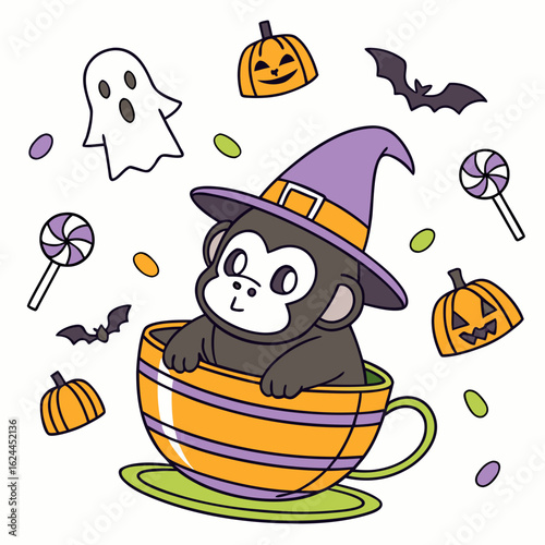 Cute Bashful Gorilla, accessorized with sitting in a teacup ride, in a Halloween world – Spooky Fun palette vector