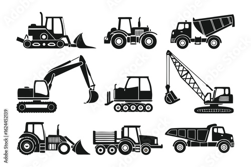 Construction Machinery Icons: An array of construction machinery silhouettes in various configurations, representing the essential tools of infrastructure development.