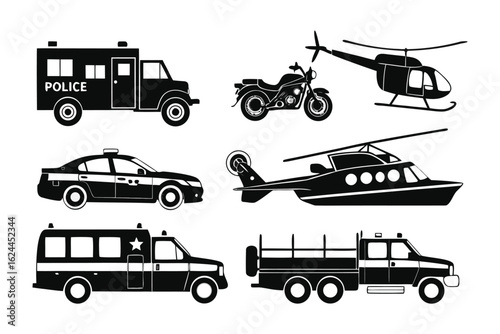 Collection of Police Vehicles: A monochromatic assemblage of different types of police vehicles and aircraft, including emergency transport vehicles, highlighting the diversity of police support. 
