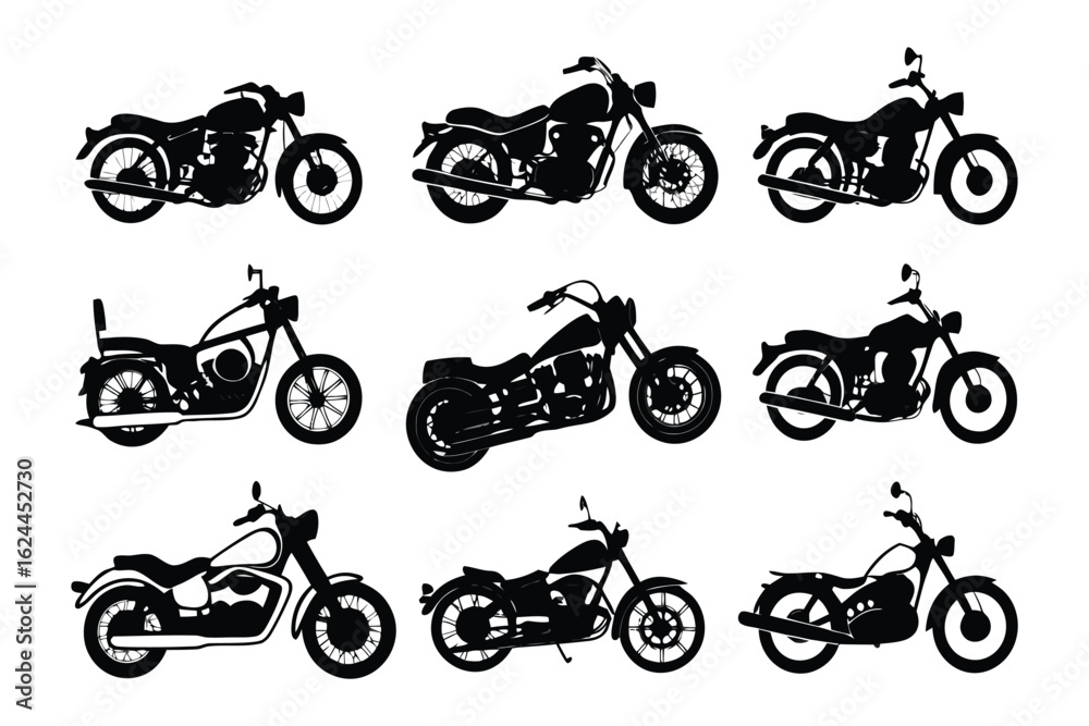 Obraz premium Motorcycle Silhouettes Collection: Captivating silhouettes of motorcycles in a monochrome palette. Perfect for transportation themes, showcasing various styles.