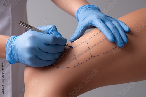 Medical procedure, marking lines on a leg. A gloved hand with a pen marks lines on a patient's leg